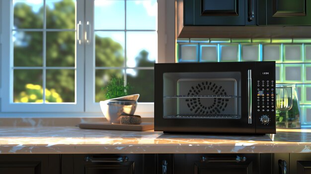 Photo the image shows a modern kitchen with a large window a marble countertop and black cabinets