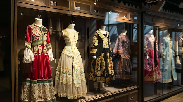 Photo the image shows a museum with a collection of traditional chinese dresses