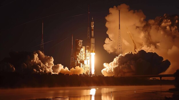 Photo the image shows a night view of a rocket launch from a launch pad the rocket is surrounded by a cloud of smoke and flames