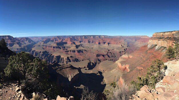 The image shows a panoramic view of the Grand Canyon The canyon is a gorge carved by the Colorado River in Arizona