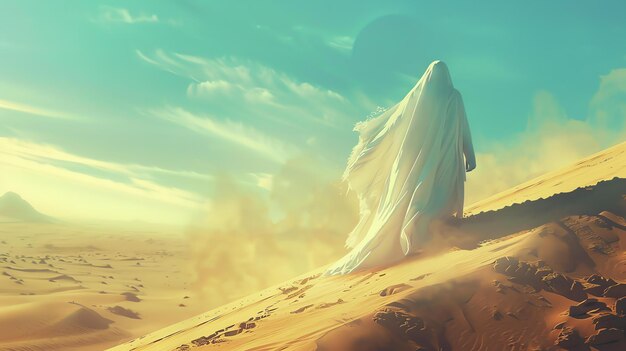 Photo the image shows a person in a white robe walking through a desert