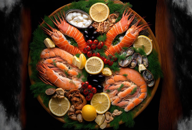 An image shows a platter of seafood for Christmas in close up