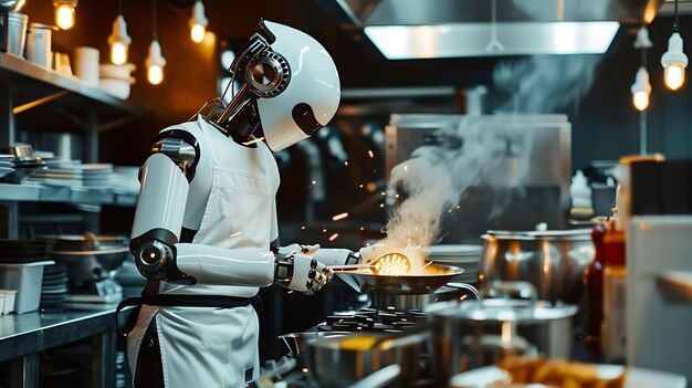 Photo the image shows a robot chef in a commercial kitchen the robot is wearing a white chefs uniform and is using a spatula to stirfry a pan of food