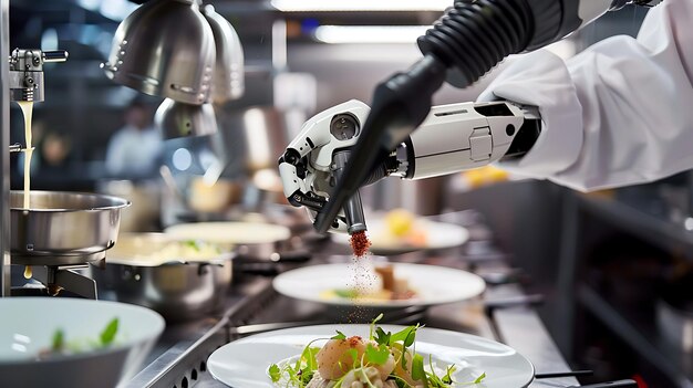 Photo the image shows a robotic chef preparing a dish in a restaurant the robot is adding spices to the dish