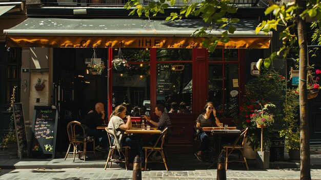 The image shows a small cafe with a few tables outside There are some people sitting at the tables enjoying the warm weather