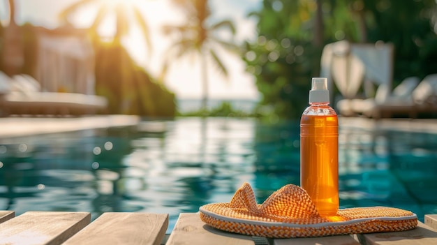 The image shows a sunscreen bottle and slippers near a swimming pool in a luxury hotel This is a summer travel vacation holiday and weekend concept