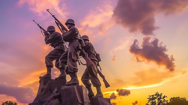 Photo the image shows three soldiers standing on a hilltop looking out over a battlefield