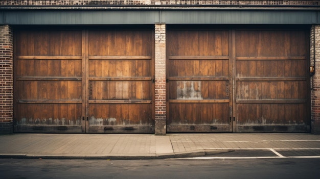 The image shows two wooden garage doors in the style of industrial photography