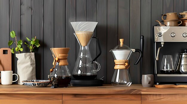 The image shows a variety of coffeemaking equipment on a wooden table