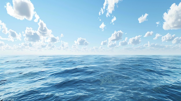 이 그림은 은 파란 하늘과  구름이 있는 거대한 바다를 보여줍니다. 물은 조용하고 파도가 없습니다. 그림은 평화롭고 조용합니다.