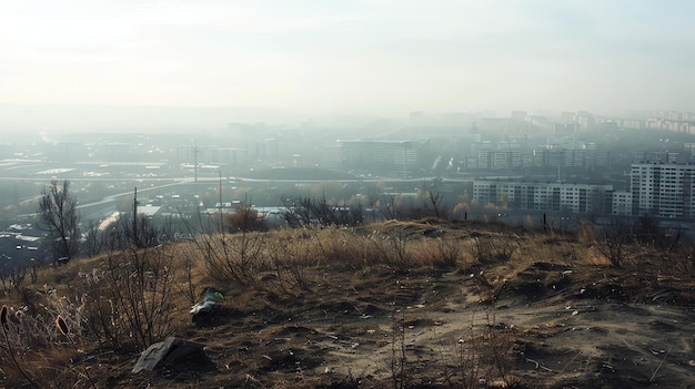 Photo the image shows a view of a city from a hill the city is covered in a thick layer of smog which obscures the details of the buildings and streets