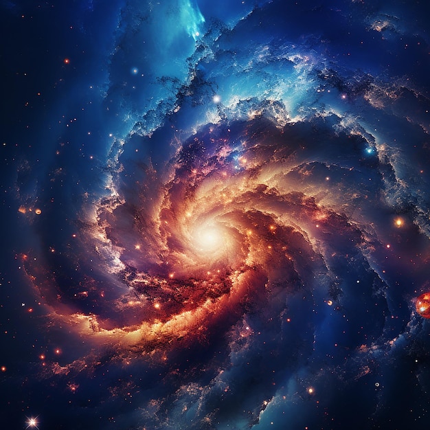 На изображении показан вид из космоса на спиральную галактику и звезды, представляющие космическую сцену