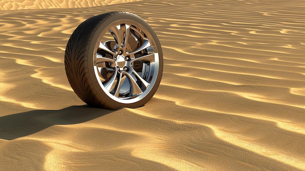 Photo the image shows a wheel lying in the sand the wheel is made of silver metal and has a black tire the sand is beige and has a fine texture