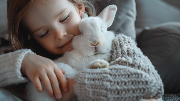 이 이미지는 어린이의 팔에 평화롭게 앉아있는 색 털이 많은 토끼를 보여줍니다. 어린이의 얼굴은 편안합니다.