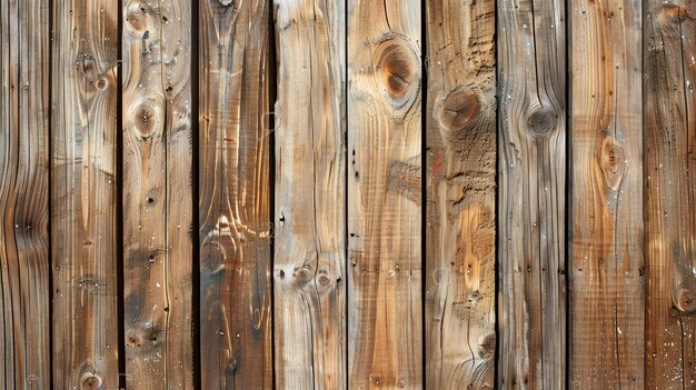 The image shows a wooden fence made of vertical planks The wood is weathered and has a natural brown color