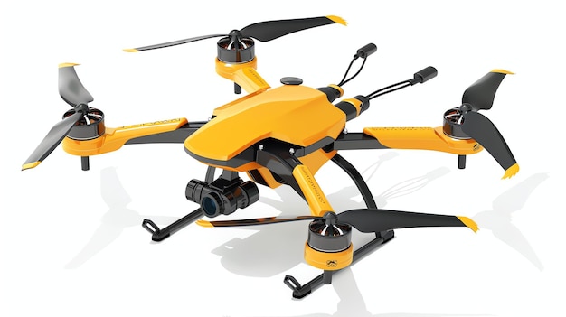 Photo the image shows a yellow and black drone with four propellers the drone is equipped with a camera and looks like it is ready to fly