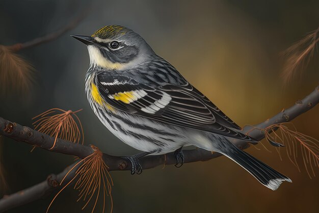 Image shows a yellowrumped warbler perched on a branch