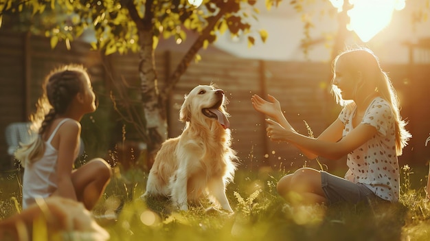 The image shows a young woman and a girl playing with a golden retriever dog in the backyard