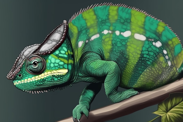 Image of side view of a green chameleon on a branch on natural background Wild Animals reptile illustration Generative AI