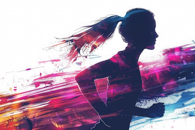 image of the silhouette of a young female track and field athlete Running sport competition