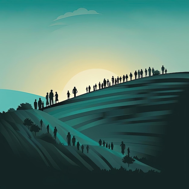 an image of silhouettes of people walking together on a hill for the world refugee day