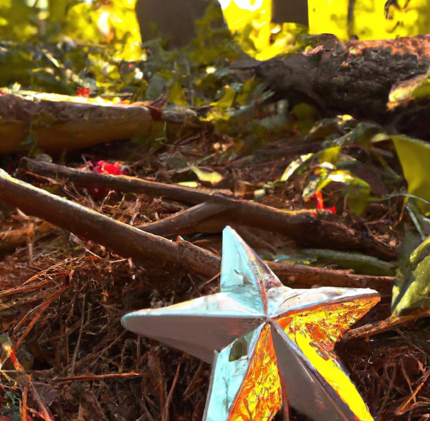 Image of silver five arm star in amongst trees in forest