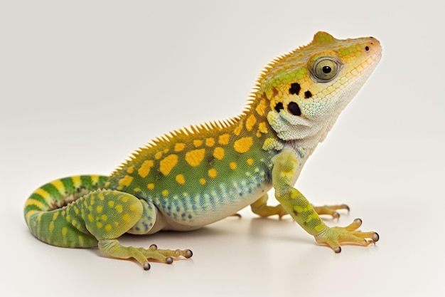 Image of a single female Chamaeleo calyptratus against a white backdrop