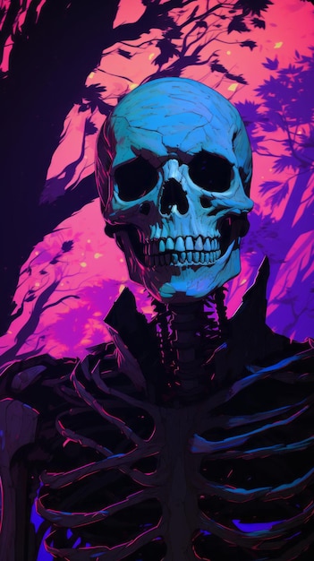 an image of a skeleton in a purple and blue background