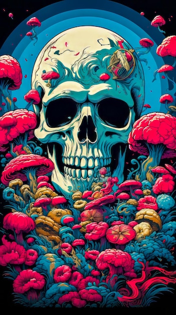 Image of skull in field of flowers and mushrooms Generative AI