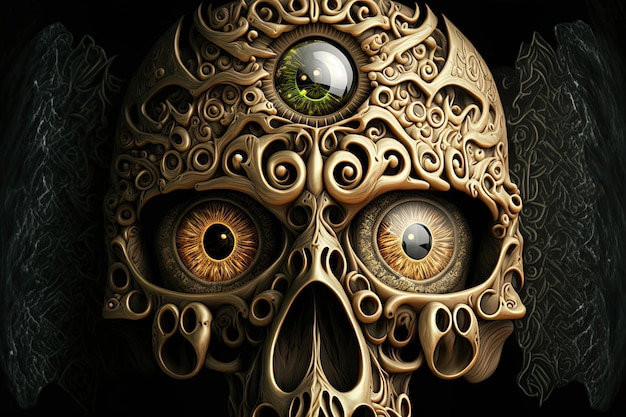 Image of a skull up close with elaborate eyes