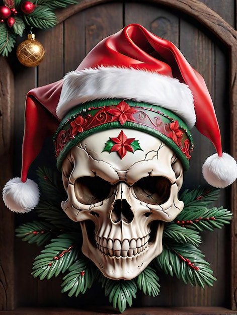 image of a skull wearing a Santa Claus hat with Christmas decorations in the background
