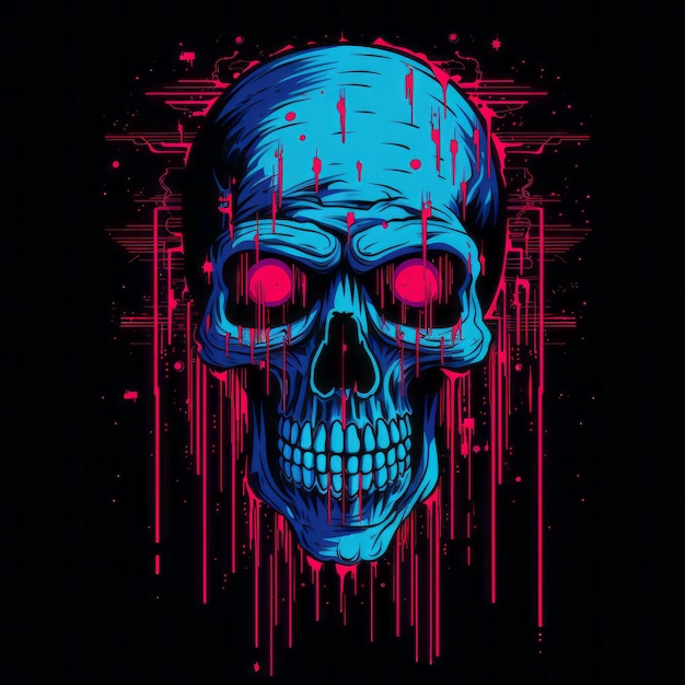 an image of a skull with blue and pink eyes on a black background