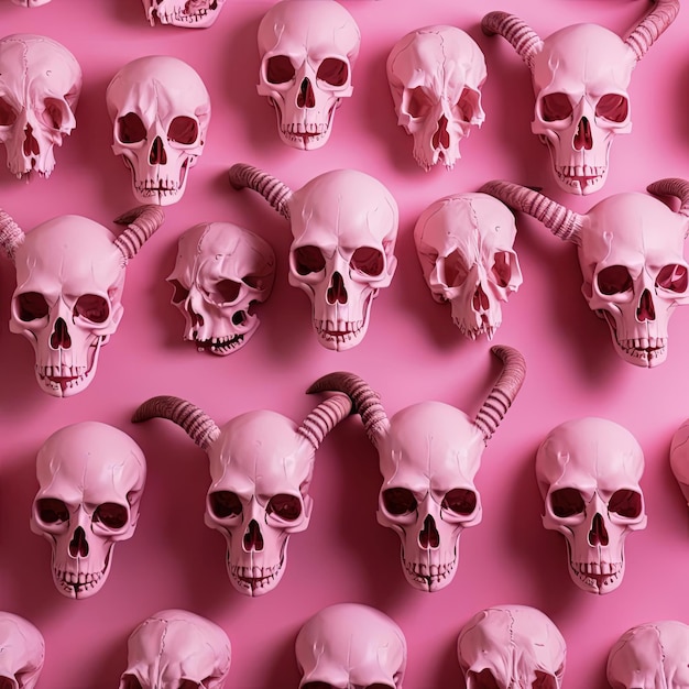 an image of skulls and horns on a pink background in the style of vintage minimalism