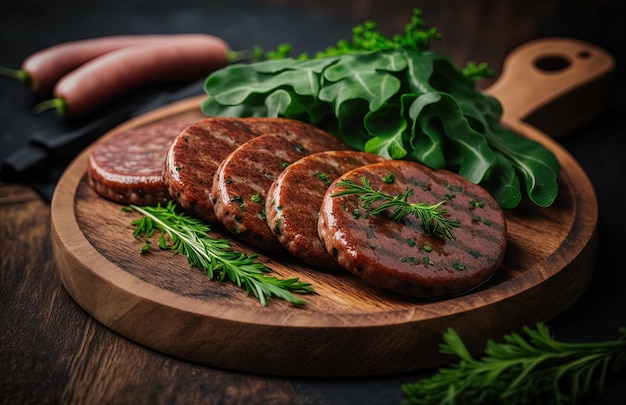 Image of sliced sausages and green lettuce on a wooden board close up