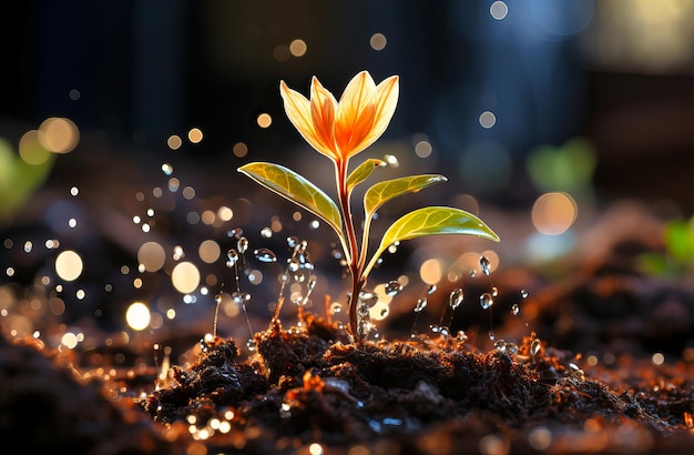 泥から成長する小さな植物の画像