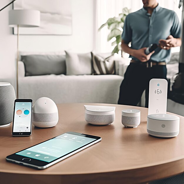 Photo an image of a smart home system in action with virtual assistants and connected devices seamlessly