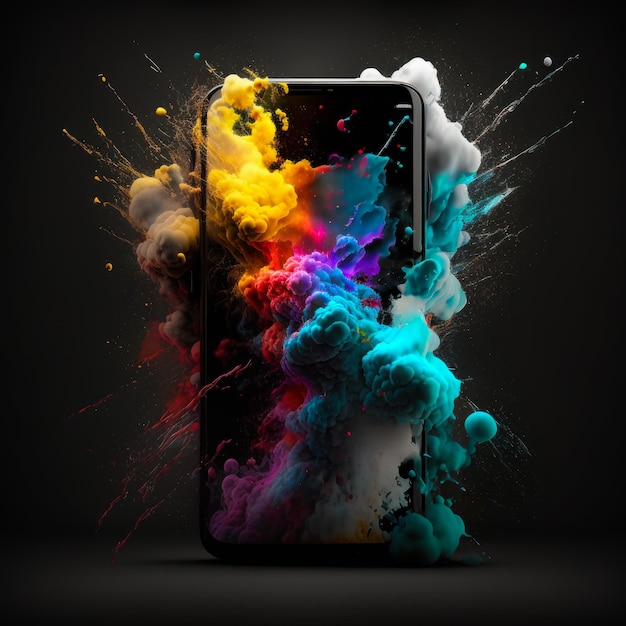 An image of smartphone with colorful paint on it Generative AI