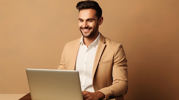 Image of smiling businesslike brunette man working with laptop isolated by beige background