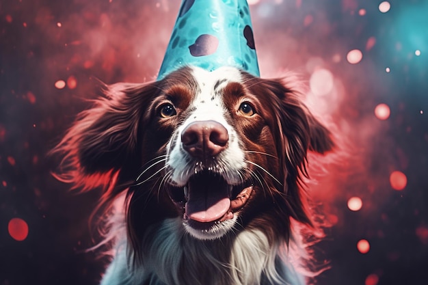 An image of a smiling dog posing in a birthday hat