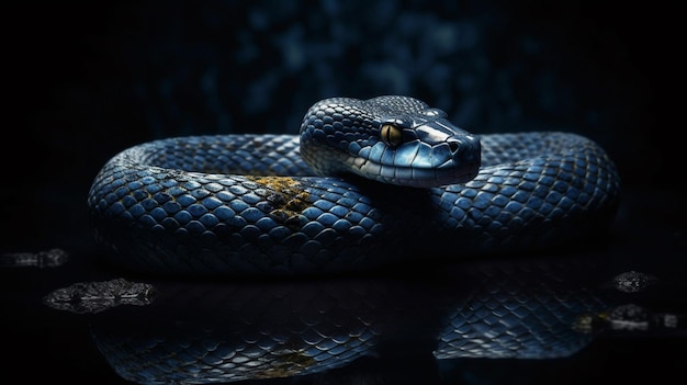 Image of snake on black background with water dropsgenerative ai