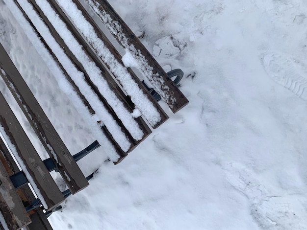 Image of snowcovered city benches after a snowfall