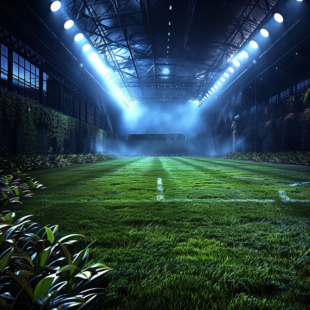 Foto immagine di un campo da calcio con prato verde e buona illuminazione