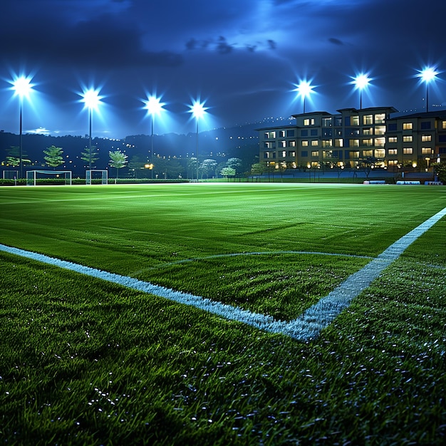 Foto immagine di un campo da calcio con prato verde e buona illuminazione