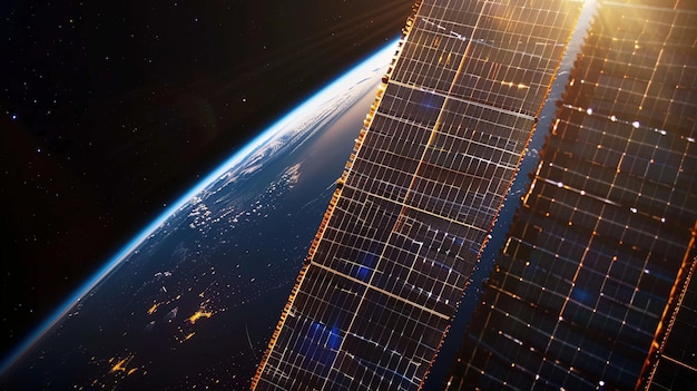 Image of solar panels in space against background of the Earth Space background with space for copy