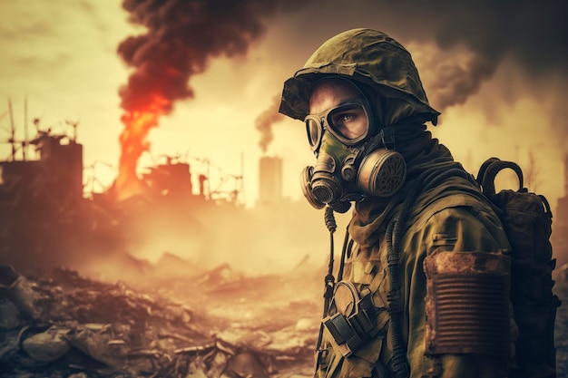 image a soldier with a gas mask ruined an apocalyptic city generative ai