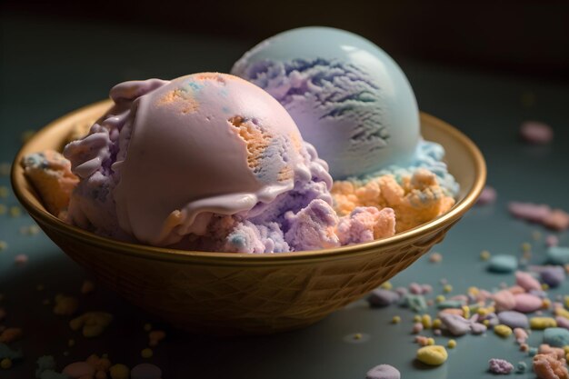パステルカラーのアイスクリームを数スクープした画像。生成型 AI。