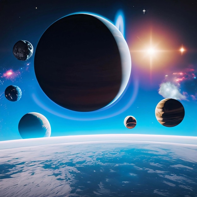 Изображение космической сцены с планетами на переднем плане и звездами на заднем плане