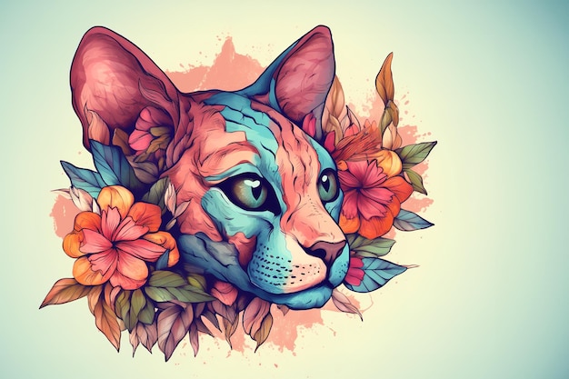 Photo image of a sphynx cat surrounded by colorful tropical flowers pet animals illustration generative ai