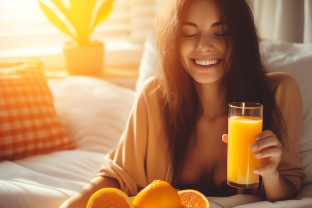 Photo image of sportswoman fitness girl holding glass of juice and an orange smiling drinking vitamin beve