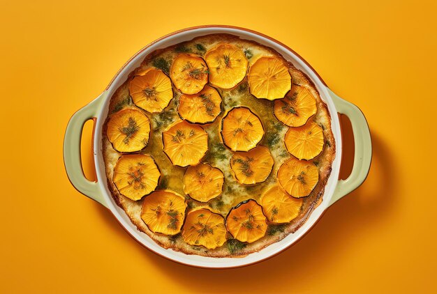 Photo an image of squash casserole on orange background top view in the style of mandy disher